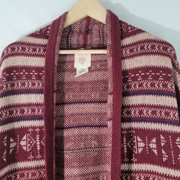 Billabong Women Red Aztec Open Cardigan Sz L Academia Fall Pocket Cabincore Cozy - Picture 4 of 12